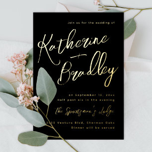 Moderne handschrijfstellen noemen huwelijksgoud folie uitnodiging