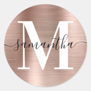 Moderne handtekening monogram roze goud folie ronde sticker