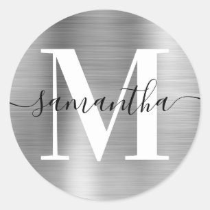 Moderne handtekening monogram zilverfolie ronde sticker