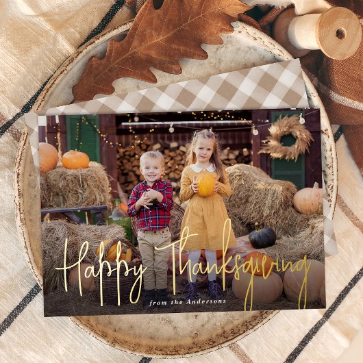 Moderne handtekening script Happy Thanksgiving Fot Folie Feestdagenkaart