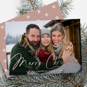 Moderne handtekening script kerst stoffige roos fo folie feestdagenkaart