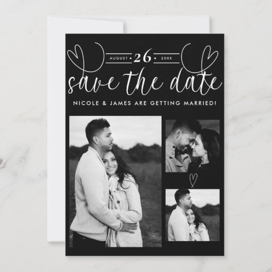 Moderne Harten Zwart & Wit Chic Save the Date (Voorkant)