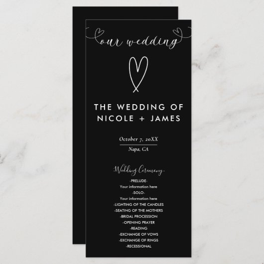 Moderne Harten Zwart & Wit Minimal Wedding Programma (Voorkant / Achterkant)