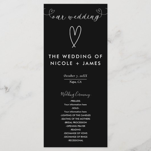 Moderne Harten Zwart & Wit Minimal Wedding Programma (Voorkant)