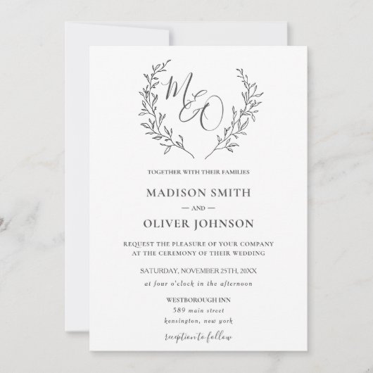 Moderne Haute Monogram Laurel Tak Bruiloft Kaart (Voorkant)