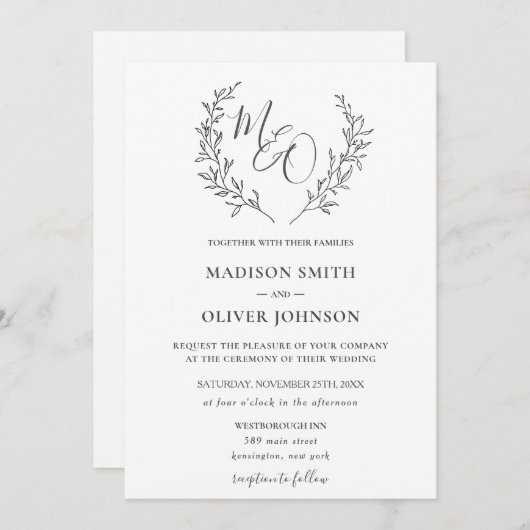 Moderne Haute Monogram Laurel Tak Bruiloft Kaart (Voorkant / Achterkant)