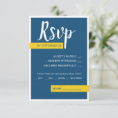 Moderne hedendaagse blauwe en gele bruiloft minima RSVP kaartje (Staand voorkant)