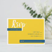 Moderne hedendaagse blauwe en gele bruiloft minima RSVP kaartje (Staand voorkant)