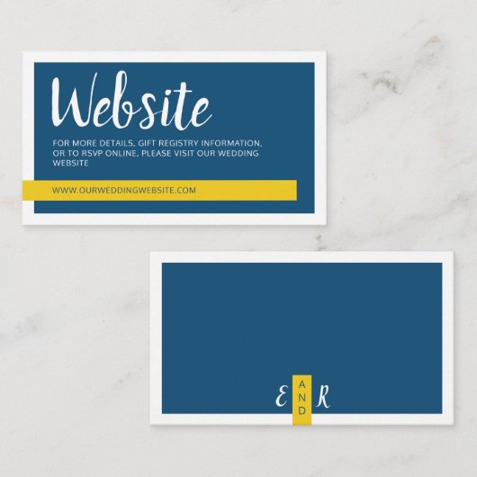 Moderne hedendaagse blauwe en gele trouwwebsite informatiekaartje (Voorkant / Achterkant)