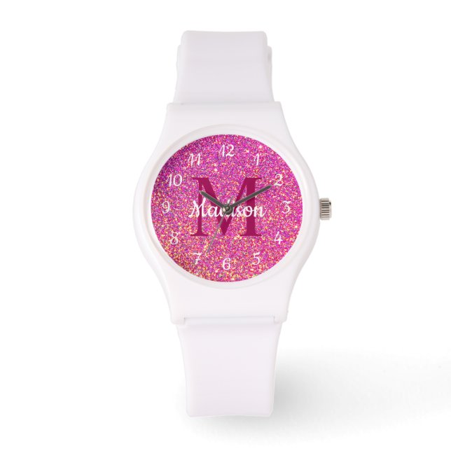 Moderne Heet Roze Glitter Monogram Meisjes Custom Horloge (Voorkant)