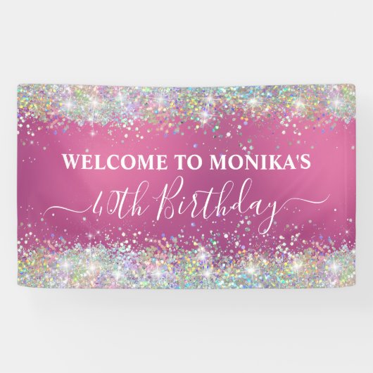 Moderne Heet Roze Holografische Faux Glitter Monog Spandoek (Horizontaal)