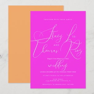 Moderne Helder Roze Oranje Mooie Script Bruiloft Kaart
