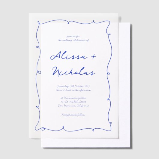 Moderne Heldere Hand Getrokken Blauwe Grens Huweli Vellum Uitnodigingen (Offset)