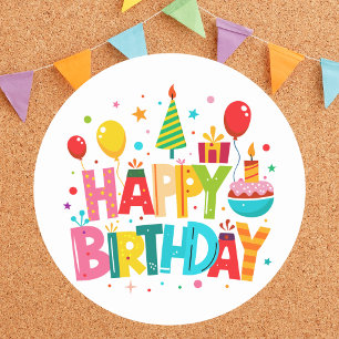 Moderne heldere kleurrijke klassieker Happy Birthd Ronde Sticker