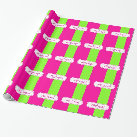 Moderne, heldere, roze, groene monogram cadeaupapier (Uitgerold)