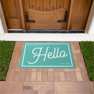 Moderne Hello Teal Witte Script Familienaam Deurmat