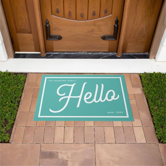 Moderne Hello Teal Witte Script Familienaam Deurmat (Buiten)