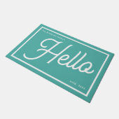 Moderne Hello Teal Witte Script Familienaam Deurmat (Schuin)