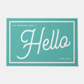 Moderne Hello Teal Witte Script Familienaam Deurmat (Voorkant)