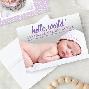 Moderne Hello World Paarse Baby Meisje Foto Geboor Aankondiging