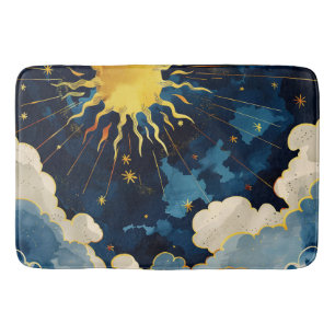 Moderne Hemelse Zon, Sterren en Blauwe Wolken Badmat