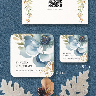 Moderne herfst bloem blauwe ivoor waterverf bruilo vierkante sticker