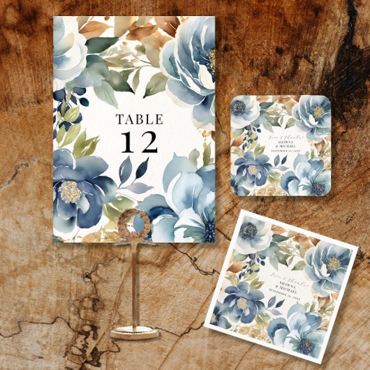 Moderne Herfst Floral Navy Dusty Blue Wedding Menu Kaart
