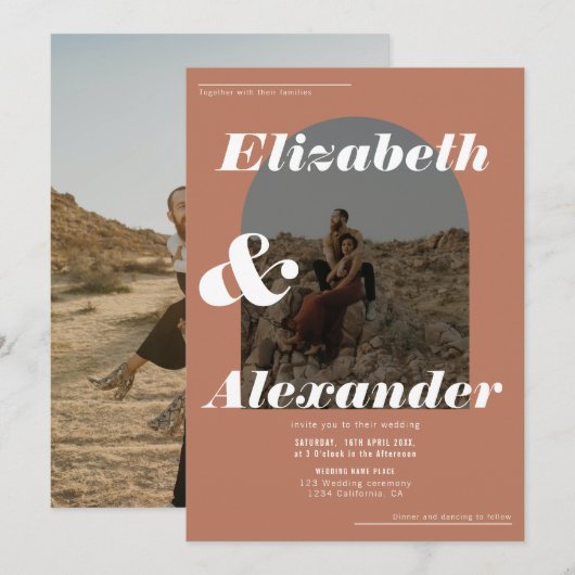Moderne herfst terracotta foto-retro bruiloft kaart (Voorkant / Achterkant)