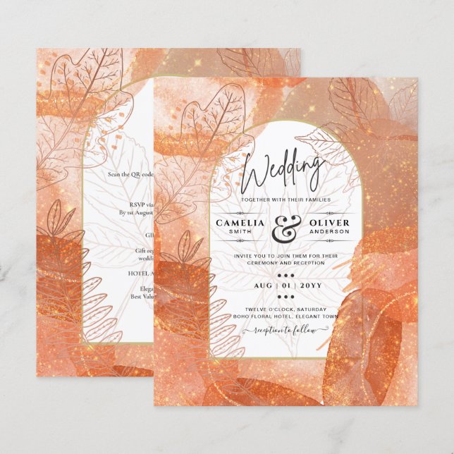 Moderne herfst terracotta oranje blad trouwkaart u (Voorkant / Achterkant)