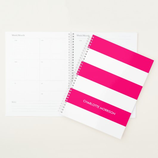 Moderne hete roze witte strepen aangepaste naam mo planner (Display)