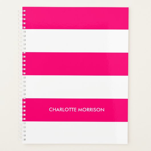 Moderne hete roze witte strepen aangepaste naam mo planner (Voorkant)
