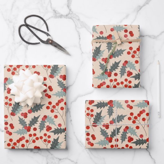 Moderne Holly Berry Kerst Botanische Patroon Inpakpapier Vel (Voorkant)