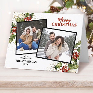 Moderne Holly Berry Photo Collage Kerstmis Feestdagen Kaart