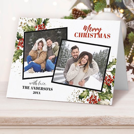 Moderne Holly Berry Photo Collage Kerstmis Feestdagen Kaart
