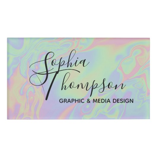 Moderne holografisch script Rainbow Pastel Name Ta Naambadge (Voorkant)