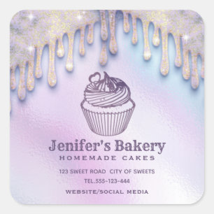 Moderne holografische druppels cupcake bakkerij ch vierkante sticker