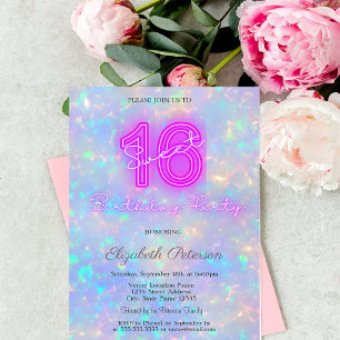 Moderne Holografische Iridescente Neon Sweet 16 Kaart