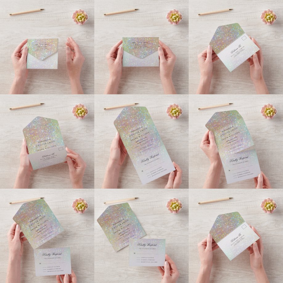 Moderne holografische pastel Glitter Wedding All In One Uitnodiging
