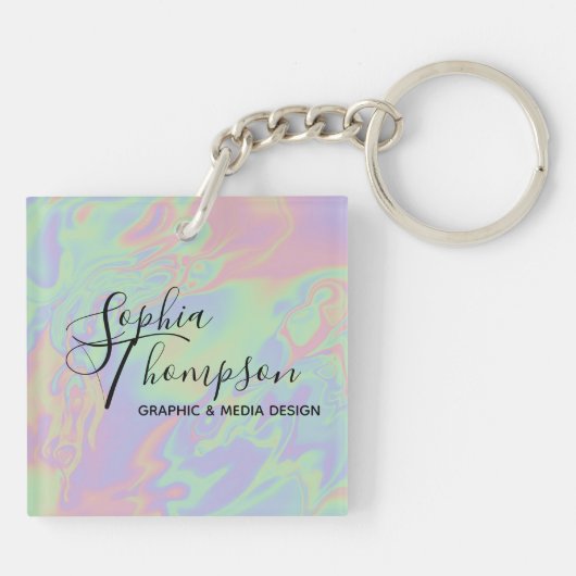 Moderne Holografische Script Rainbow Pastel Sleute Sleutelhanger (Achterkant)