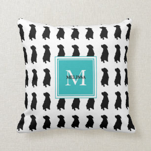 Moderne honden silhouet teal monogram naam kussen