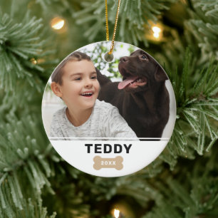 Moderne Hondenbot Kerst Puppy Foto en Naam Keramisch Ornament