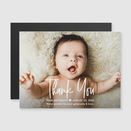 Moderne Horizontale Foto Baby Dank u Overlay Magnetische Uitnodiging (Voorkant / Achterkant)