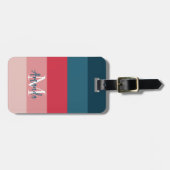 Moderne horizontale strepe roze en blauwe monogram bagagelabel (Voorkant horizontaal)