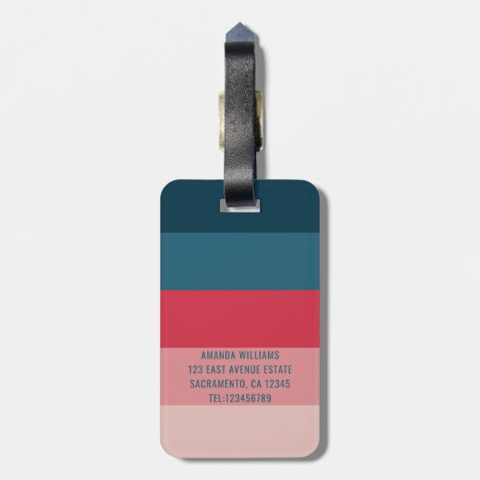 Moderne horizontale strepe roze en blauwe monogram bagagelabel (Achterkant verticaal)