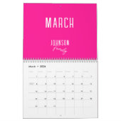 Moderne Hot Pink familienaam Kalender (Mar 2026)