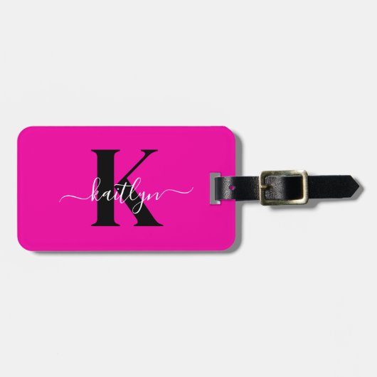 Moderne Hot Pink Zwarte Script Monogram Bagagelabel (Voorkant horizontaal)