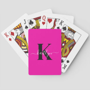 Moderne Hot Pink Zwarte Script Monogram Pokerkaarten
