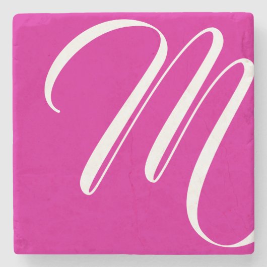 Moderne hotroze en witscript-monogram stenen onderzetter (Voorkant)