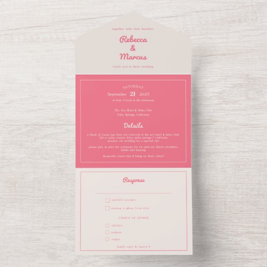 Moderne hotroze Fuchsia Retro Vibes Weddenschap All In One Uitnodiging (Binnen)