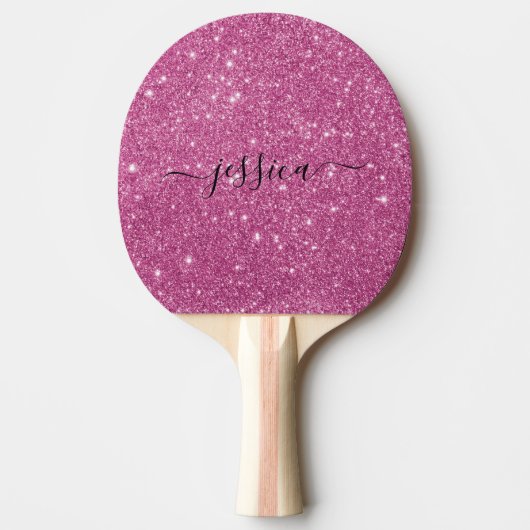 Moderne hotroze glitter scriptnaam tafeltennisbatje (Voorkant)